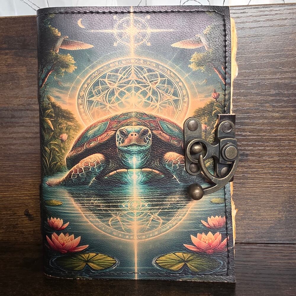 Leather Journal Diary Metal Clasp 5 x 7 Vintage Paper 200 pages Turtle